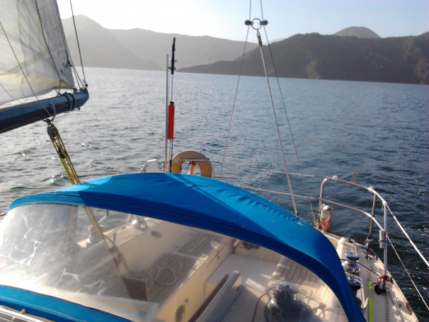 Mister Sulu on the helm cruising in the beautiful Queen Charlotte Sounds.