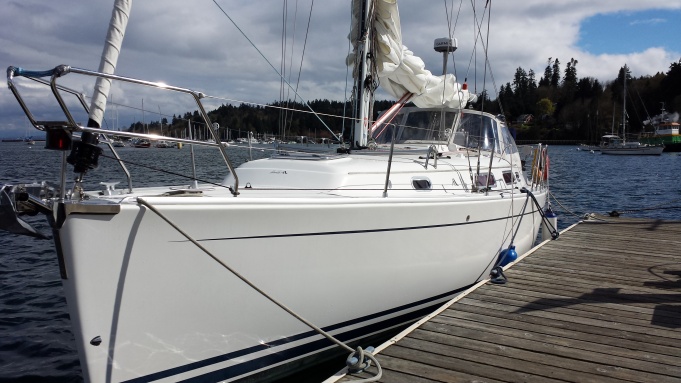 Docked at Eagle Harbor on Bainbridge Island for lunch.
Hanse 342 "Silver Girl" Fast sailboat with a heater. Liked it.