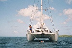 Me on the catamaran moored in front of Bloody Mary's in Bora Bora