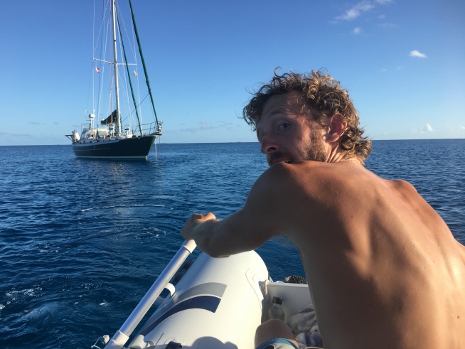 Tuamotu Atolls French Polynesia 2017, Slater McArdle crew in dinghy