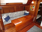 A nice large teak saloon table that seats seven nicely. 15.5 ft. beam and very open saloon.  Partytime.