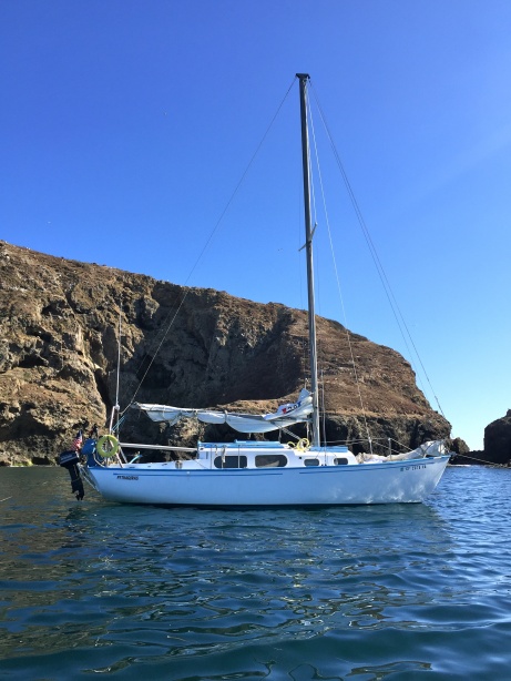 1962 Columbia 29 MKI, hull #37 anchored at Frenchy's Cove, Anacapa Island, 7/17/15. If you go there, anchor farther forward, this spot has a number of rocks in the sand that can snag and chafe a nylon rode and/or anchor. All chain is good, but rocks may keep an anchor from setting.