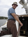 dad at the tiller his first sail