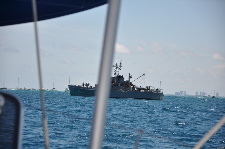 Mexican Navy at the Finish Line, Cancun skyline in background