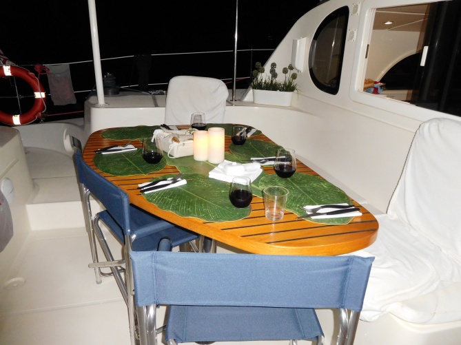 Cockpit table set for six for dinner.