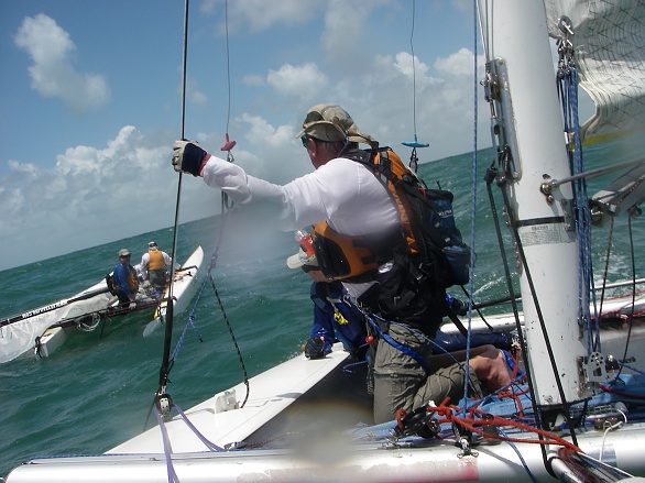 2008 GT300 Day Two  Found de-masted Nacra 20 10 miles from shore in 30 MPH winds, towed boat to beach, lent them a spare shroud, both boats sailed 20 miles in horrendous conditions back to Port Aranzas, TX and safety.