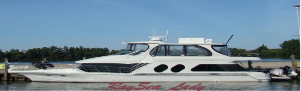 The Lady at her dock

Bluewater Coastal Cruiser,  58 foot hull,  65 OAL,  32 inch draft under props,  36 inch under keel, 17.5 foot air draft to top of radar.  15.5 feet with Radar in down position in its own S/S bracket.
Twin 450 cummins, 12.5kw westerbeke genset. Garmin Navionics.