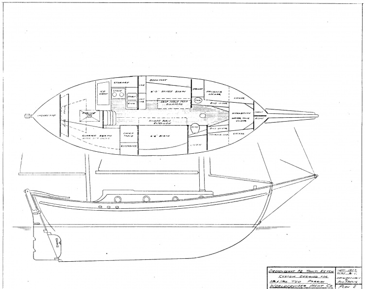 Dreadnought 32 plan courtesy of Bud Taplin.

This link will get you to Sail-Rite's sail data on the Dreadnought: https://www.sailritesails.com/ShowAd.aspx?id=5433&sourceid=4

Here are a couple of old posts from Sailnet in response to a longer thread that got into the issue of cored hulls for the Dread.

"OK, definitive answer. I drilled a thruhole hear the waterline for a sanitary overboard fitting. The hull is as advertised. Solid fibreglass laminate, about 1". According to factory information it is laminated in one piece by means of a transverse rolling mold. She's not as fast as some boats, too heavy. However I've seen 7 knots heeled over on a downwind in southern Calif, waters. I've replaced the engine with a kubota 28 horse. At 2000rpm she cruises at 5.2 knots and at 2300rpm, 6 knots. Mine is cutter rigged, single mast and sails well to windward. She was a little too tender, ie; the boiler punch ballest. However, one day with a jack-drill I pulled a lot of that out and replaced it with lead ballest. Simple fix. "
Maru 657 Aug 2007 Sailnet

"The one thing Dreadnoughts have in common is that they are all different. Except for a couple of boats built on spec by the yard, they were custom built to the buyers' desires, and most were owner-completed to one extent or another. Some had balsa core, some not. A few were gaff-rigged. Some had the factory glass deck, some various shapes of plywood deck. Probably the most typical Dreadnought was balsa cored hull (IIRC, 1/2" of balsa with about 3/8" skins!!), glass deck (ply cored, I think), marconi cutter, punchings and resin ballast. How do I know? I was there in Carpenteria in 1974, building my own, which I still have. She's not tender, but she does hobbyhorse. The "substantially higher center of gravity" is not true, but the ballast was spread out too much fore & aft, to prevent it. Other than that, they're pretty decent sea boats."
Chris F46 Feb 2009 Sailnet (Naval Architect and by report active and well known designer)