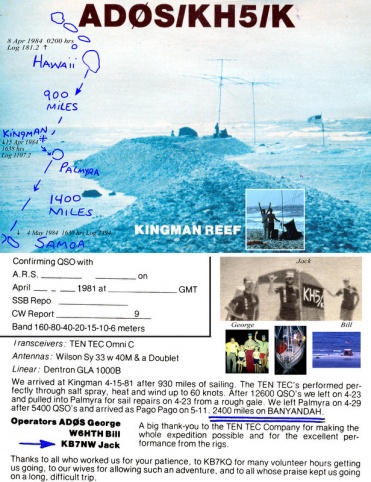 Kingman QSL card.
This gives a great perspective of the entire cay. Gensets were placed on the top, antennae in the surf