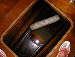 water remnants in the bilge that use to take on gallons under forward companionway ladder