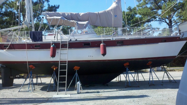 hauled out in Bell Haven, NC. making repairs