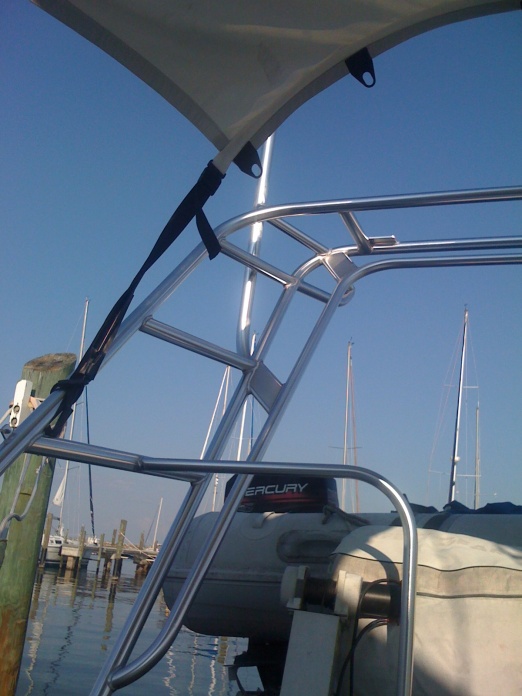 Rear arch installed with mounts for solar, wind and dinghy davits.