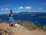 Marry on SpyGlass hill Norman Island pointing to Tortola