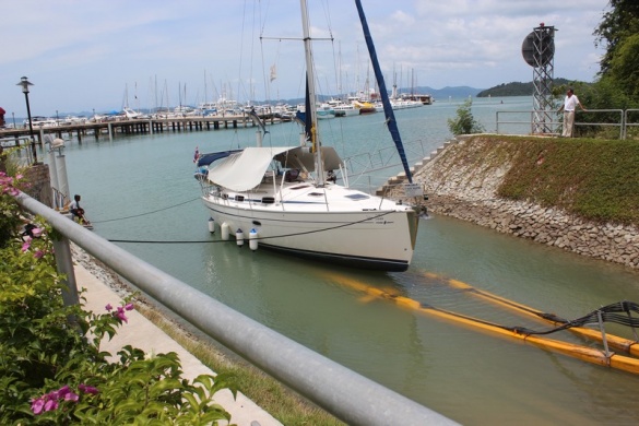 Being hauled out for survey at Ao Po Marina, Phuket, Sept'12